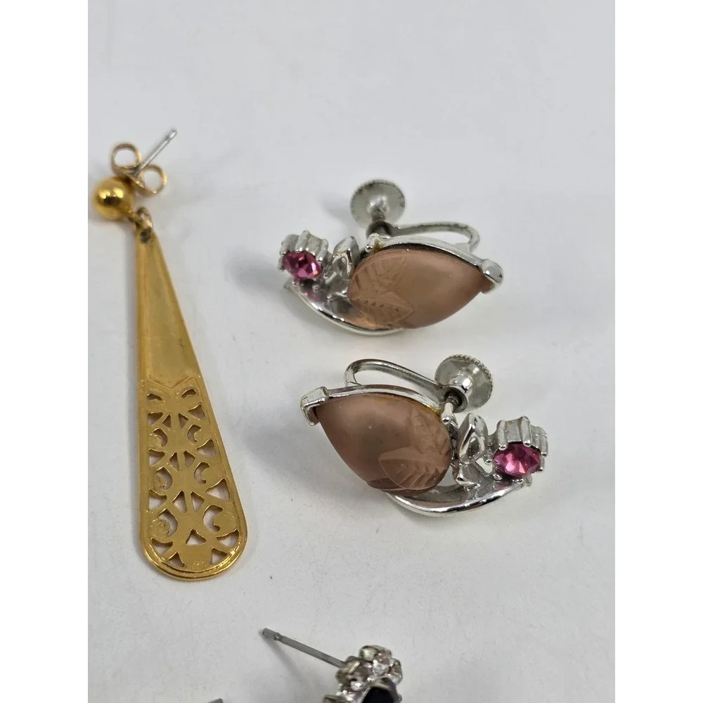 Vintage Costume Earring Lot 9 Pairs Cameo Heart Rhinestone Dangle‎ Clip On Post
